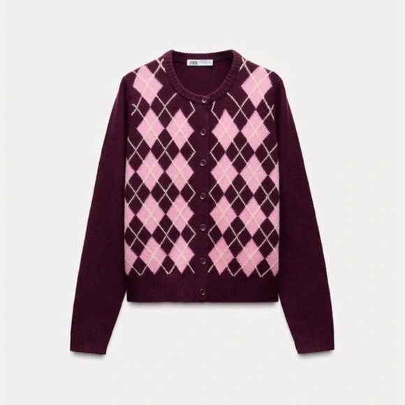 Zara Argyle knit cardigan 100% Wool NWT - Picture 5 of 9